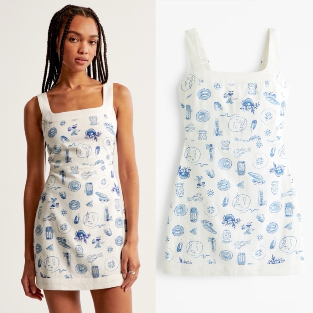 Abercrombie & Fitch White Mini Dress with Blue Print